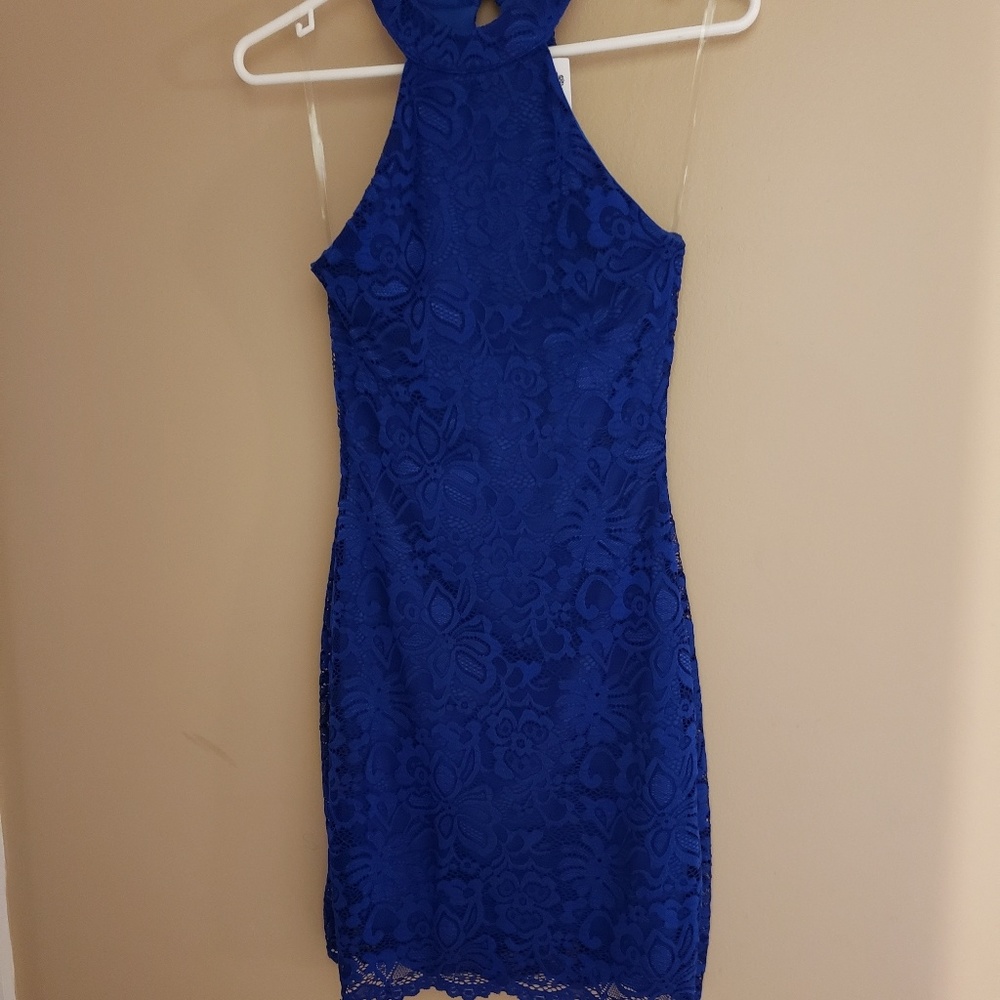Blue Lace Halter Dress
